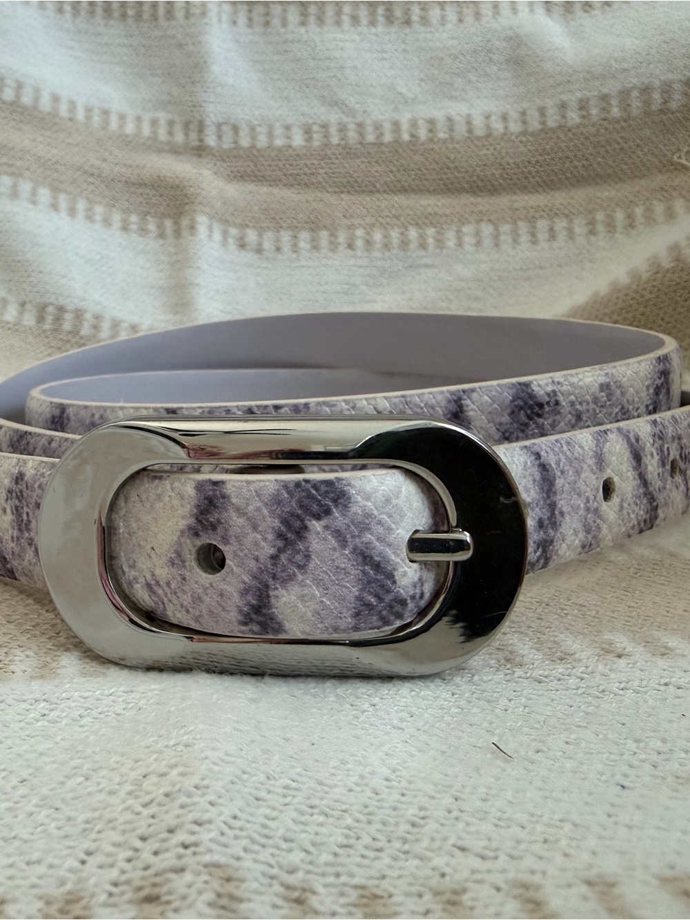 White House Black Market Lilac Gray Snake-Print Belt with Silver Oval Buckle